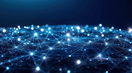 Fototapeta premium Abstract blue background with glowing dots and lines, representing network connection.