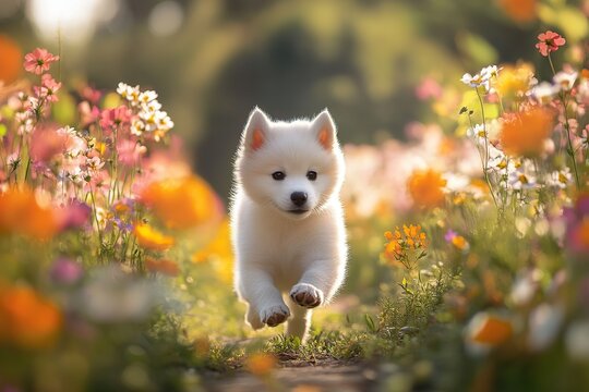 Cute haski dog running between the flower rows in the park