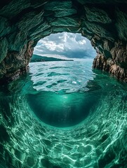 A view from inside a sea cave looking out toward the ocean on a cloudy day.