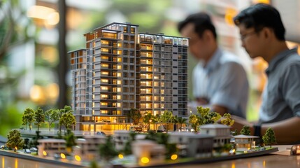 Fototapeta premium A detailed model of an apartment complex is on a table with two people blurred in the background. Concept of architecture and planning. For real estate marketing