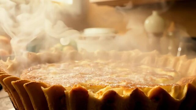 A pie is baking in the oven and the steam is rising. The pie is in a pie pan and is surrounded by fruit