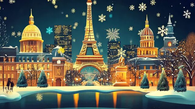 The Eiffel Tower is illuminated in the winter night, snow falling in Paris
