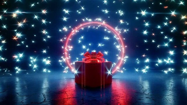 A red box is in the center of a blue and red light show. The box is surrounded by a glowing circle of lights