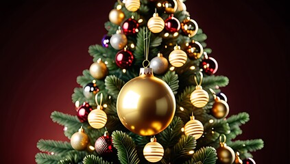 golden ball shines decorated christmas tree vibrant festive holiday lights surrounding gently