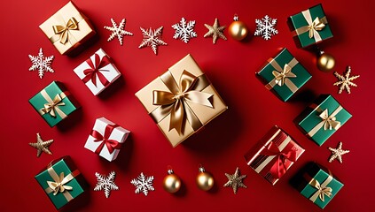 golden presents festive decorations adorn flat lay xmas holiday scene featuring red background plenty gift boxes decorations