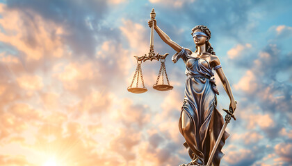 Figure of Lady Justice against sky, space for text. Symbol of fair treatment under law