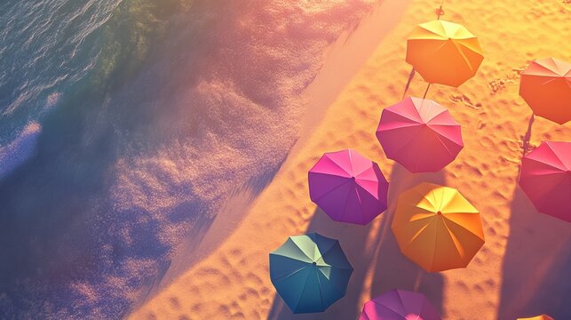 Colorful Umbrellas on a Sandy Beach at Sunset Creating a Vibrant Seaside Atmosphere. Generative AI