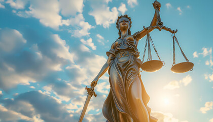 Figure of Lady Justice against sky, space for text. Symbol of fair treatment under law