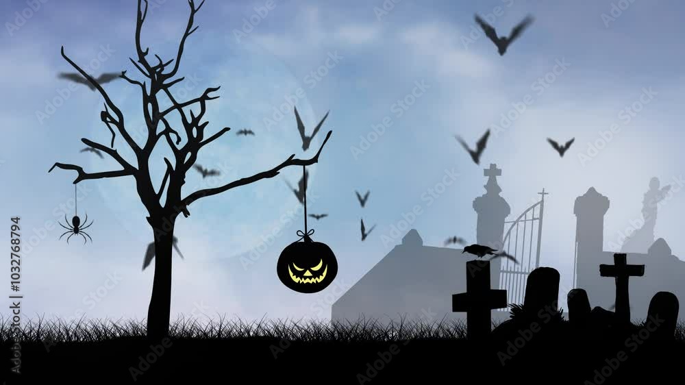 Wall mural jack o lantern on a tree with bats 4k loop features silhouettes of a dead tree with a jack o lantern