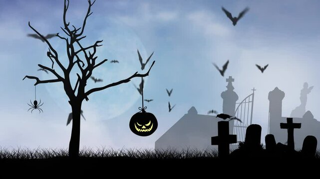 Jack O Lantern on a Tree with Bats 4K Loop features silhouettes of a dead tree with a jack o lantern and spider hanging from it with bats hovering behind with a full moon in the sky in a loop.