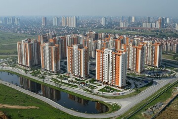 Fototapeta premium Aerial View of Modern Apartment Complex in Urban Setting
