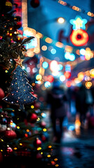 Evening city street in festive Christmas decoration. Bokeh lights and blurred background. Greeting card template with copy space.