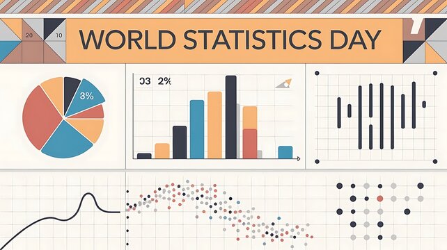 Modern Illustration Celebrating World Statistics Day with Pie Chart, Bar Chart, Line Graph, and Scatter Plot