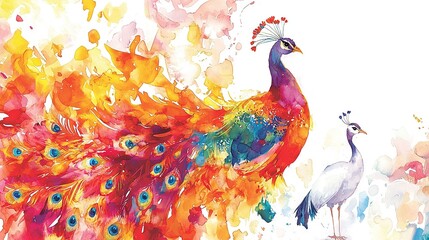 Obraz premium A vibrant depiction of two resplendent peacocks posed adjacent against a pristine backdrop, adorned with splashes of colorful paint