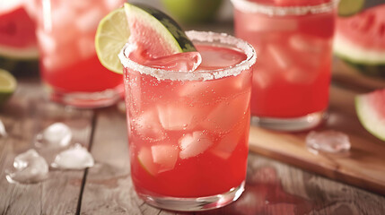 Refreshing watermelon cocktail with lime wedge and salt rim on a wooden table.