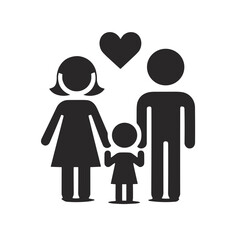 Family illustration with heart in black and white, symbol of love and unity
