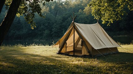 an empty outdoor canvas tent in a scenic campsite, representing adventure, nature, and simplicity