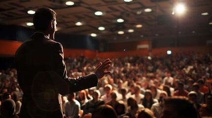 Fototapeta premium Confident businessman giving a speech during a conference. Audience listens attentively to the speaker.