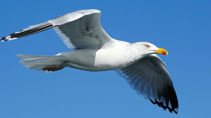 Fototapeta premium A majestic seagull soars through the clear blue sky, its wings outstretched and its feathers glistening in the sunlight.