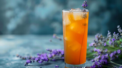 Refreshing summer drink with lavender. A tall glass of iced tea or lemonade with lavender flowers and ice cubes.
