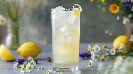 Refreshing summer lemonade with lemon slices and chamomile flowers on a light blue background.