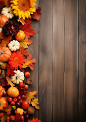 Pumpkins and autumn leaves on wooden background