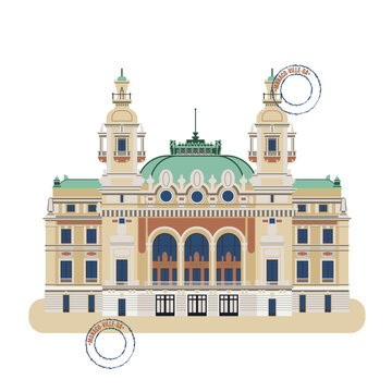 Classical building in Monte Carlo, luxury and aesthetics, happiness and disappointment, a game as life and a way to have fun, this is Monaco. Vector. Flat