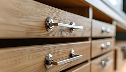 Cabinet of glass and drawers all closed. Wooden drawers with metal pull knobs. Selective focus on the first ring pull. Storage in neat compartments in this piece of furniture. Home living interiors.