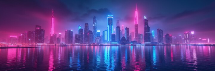 Obraz premium A stunning panoramic view of a vibrant, futuristic city skyline illuminated in neon colors, reflecting beautifully on calm waters. Ideal for technology and urban lifestyle themes.