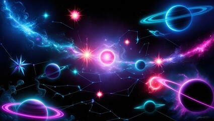 Fototapeta premium Colorful cosmic illustration with planets, stars, and galaxies in vibrant shades of blue and pink