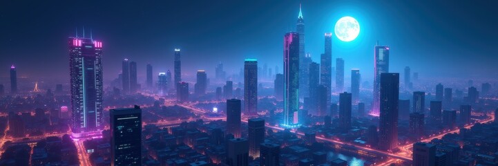 Obraz premium A futuristic city skyline bathed in neon lights and a vibrant moon, perfect for technology, gaming, or sci-fi projects.