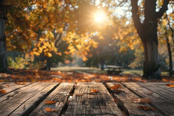 A wooden table sitting in the middle of a park