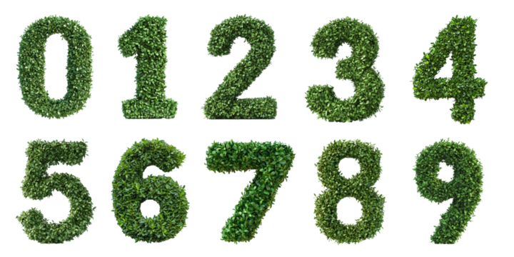 Green hedge set shaped like the numbers zero, one, two, three, four, five, six, seven, eight and nine isolated or on a white background - Powered by Adobe