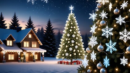 Obraz premium snowflakes decorate christmas trees festive lights ornaments creating magical winter wonderland scene outdoors