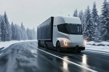 Autopilot smart self drive truck ride delivering goods scanning road covered in snow with artificial sensor information of road conditions and traffic. Transportation of goods over long distances