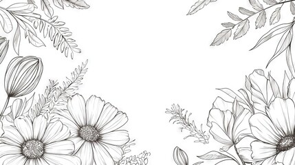   Black and white artwork featuring flowers against a white backdrop with space for text in the bottom right corner