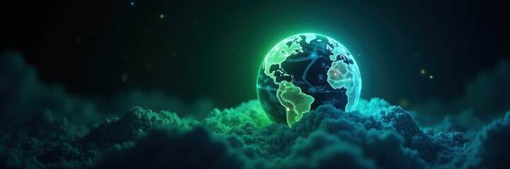 A visually striking representation of Earth surrounded by luminous clouds and cosmic elements, perfect for projects related to environmental themes, technology, or global connectivity.