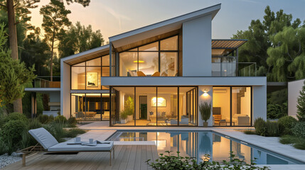 Fototapeta premium Modern luxury house with pool at sunset