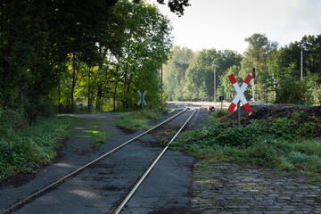 Ein Bahngleis führt durch eine Schneise im Wald und passiert ein Andreaskreuz.