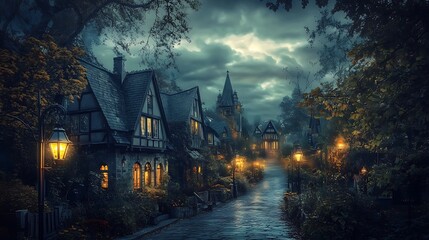 Obraz premium A peaceful seaside village at dusk, with cottages lining a narrow street, lanterns glowing softly, and the sound of waves in the distance