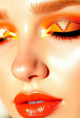A striking close-up photo of a model with vivid orange eye makeup. The vibrant colors and flawless blending highlight artistic makeup skills, emphasizing the model's eye and lip features.

