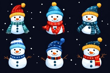 Cute snowman family illustration with colorful winter hats and scarves on a dark blue background ideal for Christmas cards children’s holiday designs and winter decor projects