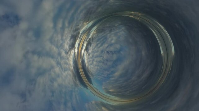 The video presents a time-lapse of a cloudscape in 360 degrees. The clouds are captured in volumetric format, giving the viewer the impression of being inside the clouds. The time- lapse is set to a