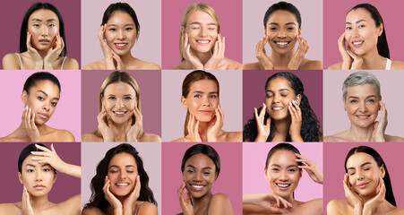 A group of diverse women, each with unique features, smiles while engaging in skincare routines...