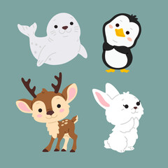 Vector illustration set of cute doodle arctic animals for digital stamp,greeting card,sticker,icon,design