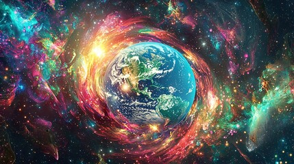 Fototapeta premium Earth in starry sky with fiery center