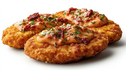Succulent Chicken Cutlets in Sun-Dried Tomato Cream Sauce Floating in Mid-Air - High-Quality Hyperealistic Product Photography on White Background