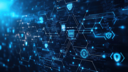 Obraz premium A vibrant digital landscape unfolds, showcasing interconnected hexagons illuminated in blue
