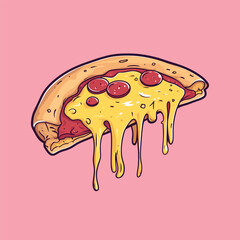 Flat Cartoon Pizza Slice with Sausage, Mushrooms, and Melted Cheese