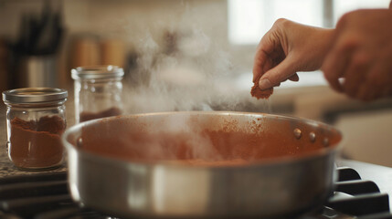 Beginner cook experimenting with spices, opening jars and adding pinches of seasoning to a bubbling pot on the stove photo